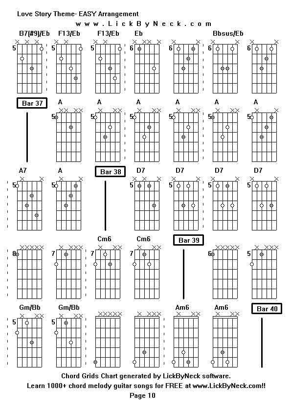 Chord Grids Chart of chord melody fingerstyle guitar song-Love Story Theme- EASY Arrangement,generated by LickByNeck software.